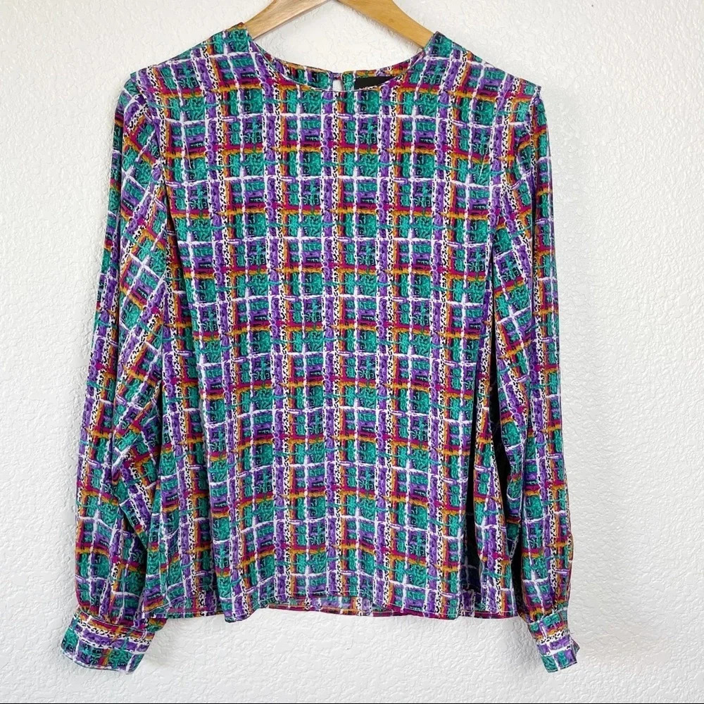Vintage Notations Abstract‎ Geometric Print Plaid Blouse Size 10 Maximalist 90's